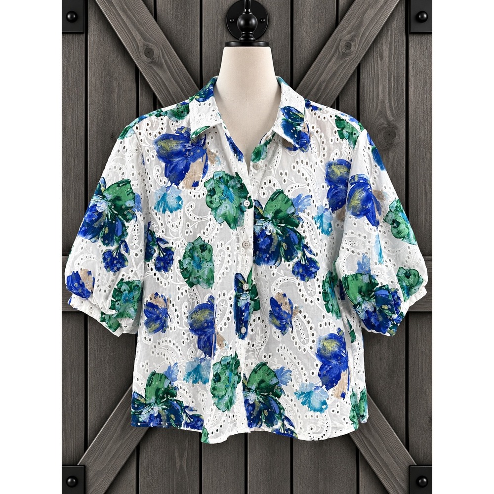Chico's Floral Eyelet Button Down Shirt Puff Sleeves Size 3.5 US 18 Blue Green